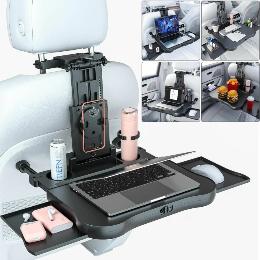 AUEOTUAR Foldable Car Back Seat Tray Table - Adjustable Travel Desk for Eating, Working, Laptop & iPad with Phone & Drink Holder - Stable Auto Backseat Organizer for Road Trips