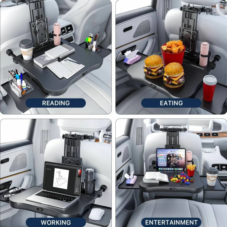 AUEOTUAR Foldable Car Back Seat Tray Table - Adjustable Travel Desk for Eating, Working, Laptop & iPad with Phone & Drink Holder - Stable Auto Backseat Organizer for Road Trips