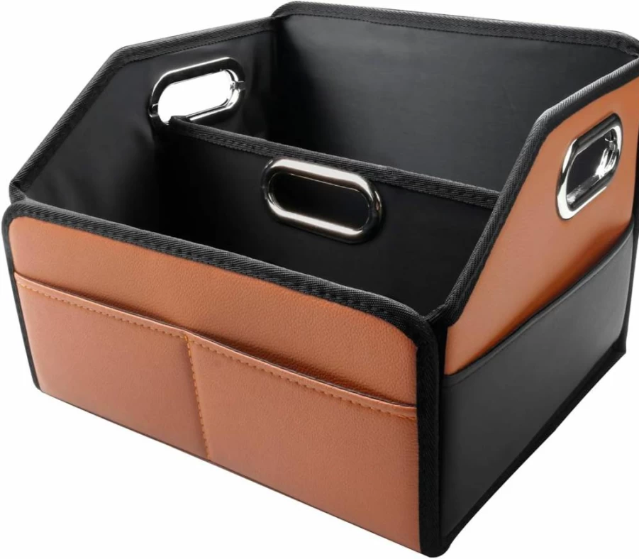 Noaman Leather Car Seat Organizer - 6 Compartment Storage for Front & Back Seats, Multipurpose Auto Organizer with 3 Handles (Black/Brown)