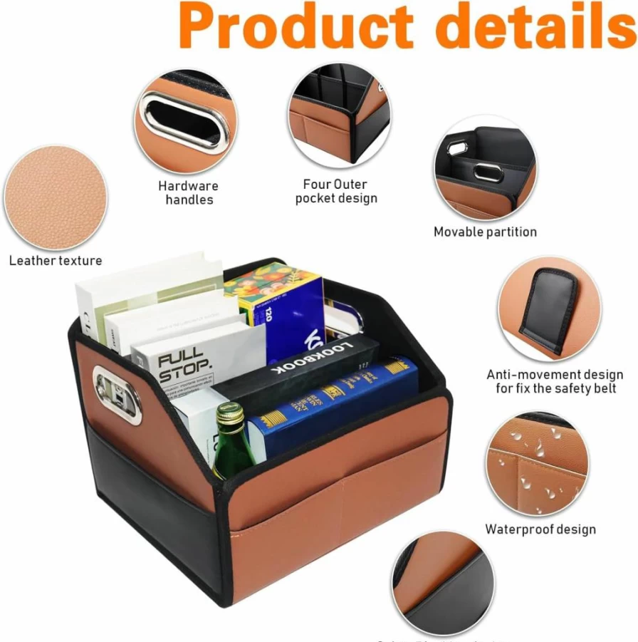 Noaman Leather Car Seat Organizer - 6 Compartment Storage for Front & Back Seats, Multipurpose Auto Organizer with 3 Handles (Black/Brown)