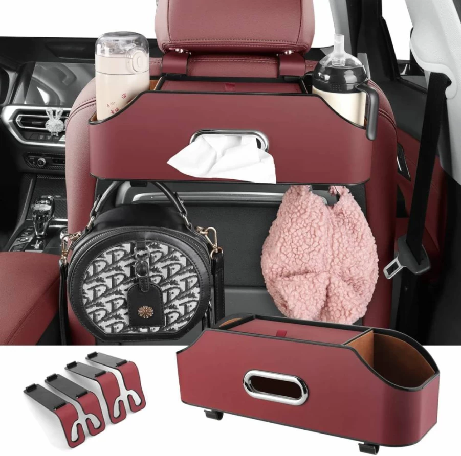 HOLDCY Red Car Back Seat Organizer - Multi-Functional Storage with 2 Cup Holders, Tissue Box & Hook for Kids, Travel & Road Trips