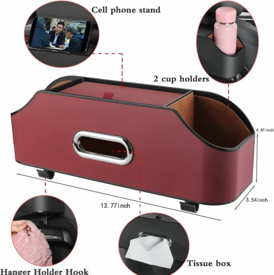 HOLDCY Red Car Back Seat Organizer - Multi-Functional Storage with 2 Cup Holders, Tissue Box & Hook for Kids, Travel & Road Trips