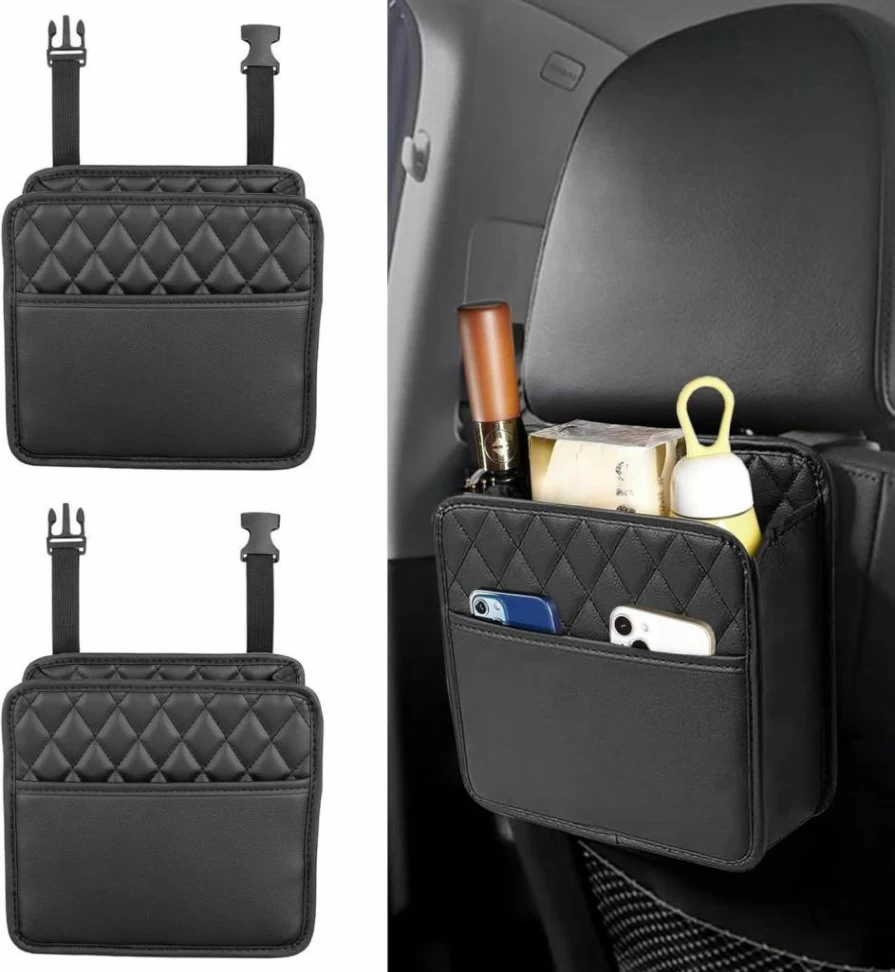 2 Pack Black PU Leather Car Seat Back Organizer - Multi-Purpose Hanging Storage Pocket Fits Most Vehicles