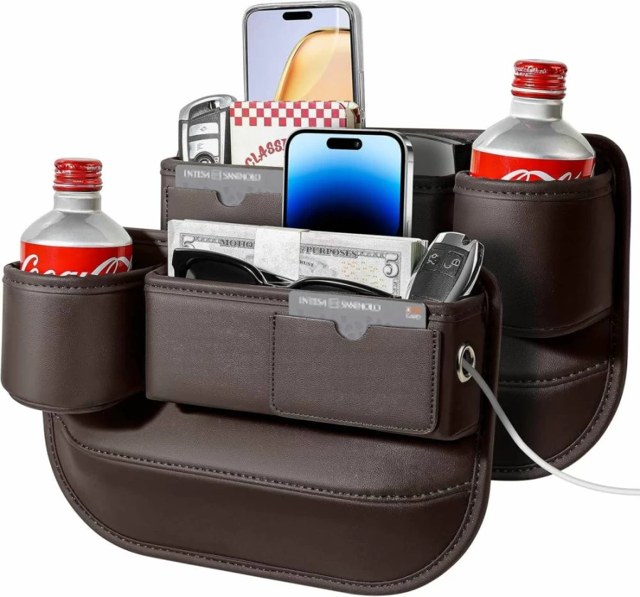 Pcnjozx 2-Pack Universal Car Seat Gap Organizer with Cup Holders & Card Slots - Premium Leather Console Storage for Phones, Keys - Fits Cars, SUVs, Trucks - Black