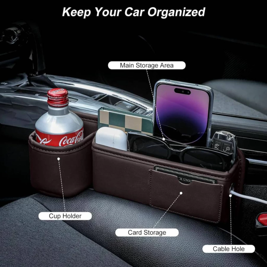 Pcnjozx 2-Pack Universal Car Seat Gap Organizer with Cup Holders & Card Slots - Premium Leather Console Storage for Phones, Keys - Fits Cars, SUVs, Trucks - Black