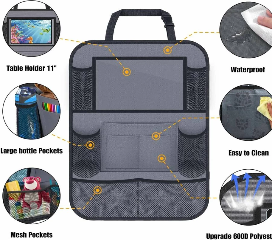 ULEEKA Car Backseat Organizer with 10" Tablet Holder, 9-Pocket Storage, Kick-Proof Seat Protector for Kids & Toddlers, Travel Essentials, 2-Pack Black