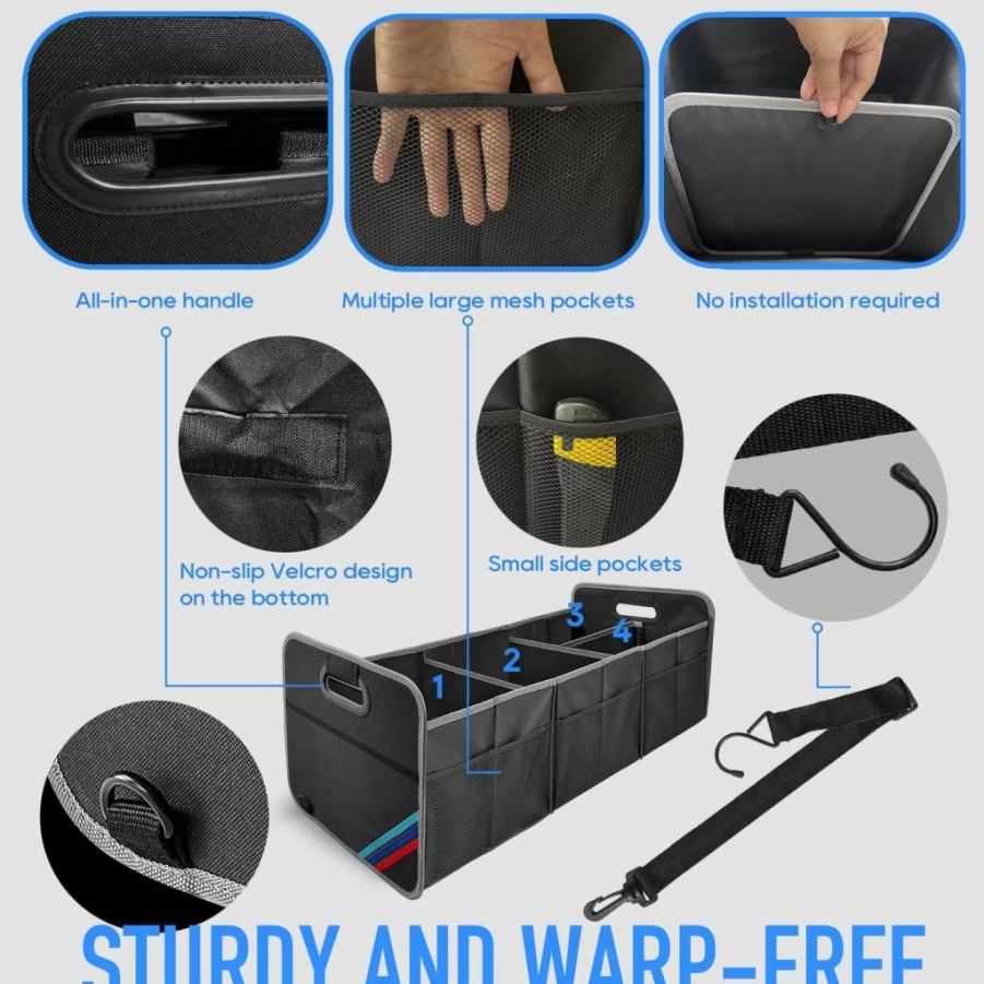 Junsungo Car Trunk Organizer - Waterproof Collapsible Storage Box for SUV, Home & Garage, Portable Multi-Compartment Organizer for Groceries, Tools & Travel Accessories