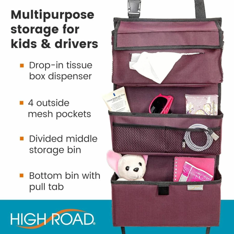 High Road Car Seat Organizer - Multifunctional Back Seat Storage with Tissue Box Holder & Essentials Pockets for All Vehicles
