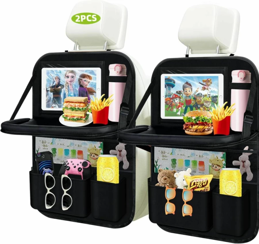 AIUSLN 2-Piece Car Backseat Organizer with Foldable Food Tray, 10-Pocket Storage, Tablet & Cup Holders, Waterproof Kick Mat, Back Seat Protector for Road Trips & Travel Essentials