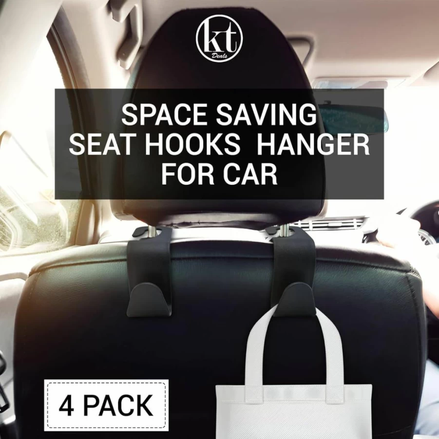 KT Deals 4 Pack Universal Car Seat Headrest Hooks - Heavy Duty Hangers for Purses, Bags, Coats & Groceries - Space Saving Backseat Organizer for Vehicle