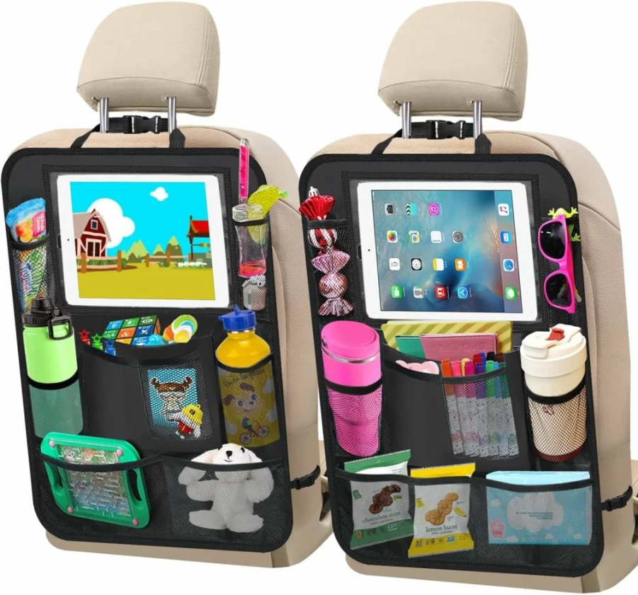 Zecirl 2 Pack Car Backseat Organizer with 11" Tablet Holder, 10 Storage Pockets, Seat Back Protector & Kick Mat for Kids - Durable Travel Accessories for Toddlers & Adults