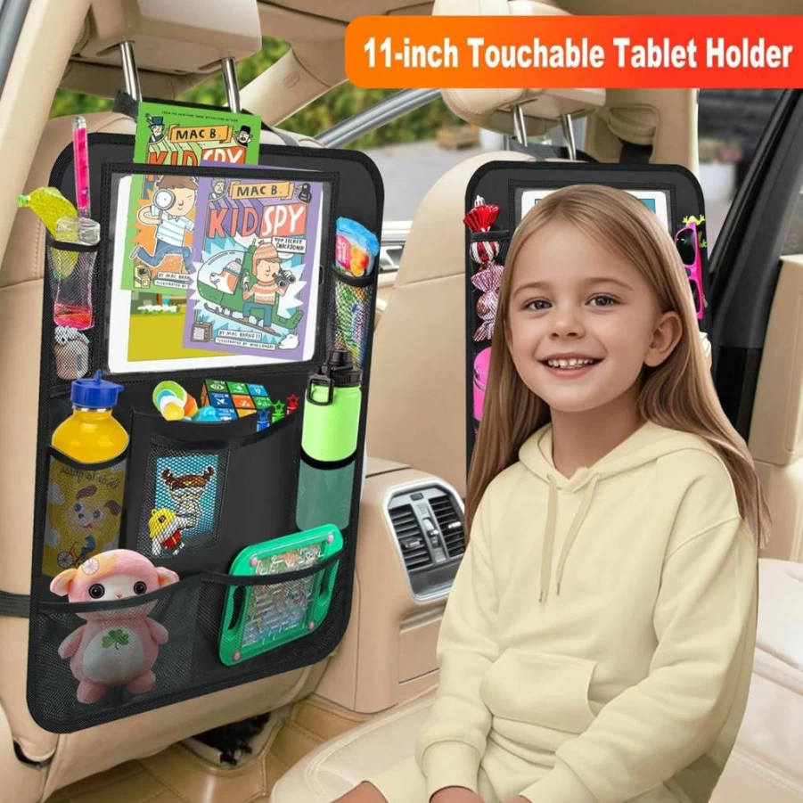 Zecirl 2 Pack Car Backseat Organizer with 11" Tablet Holder, 10 Storage Pockets, Seat Back Protector & Kick Mat for Kids - Durable Travel Accessories for Toddlers & Adults