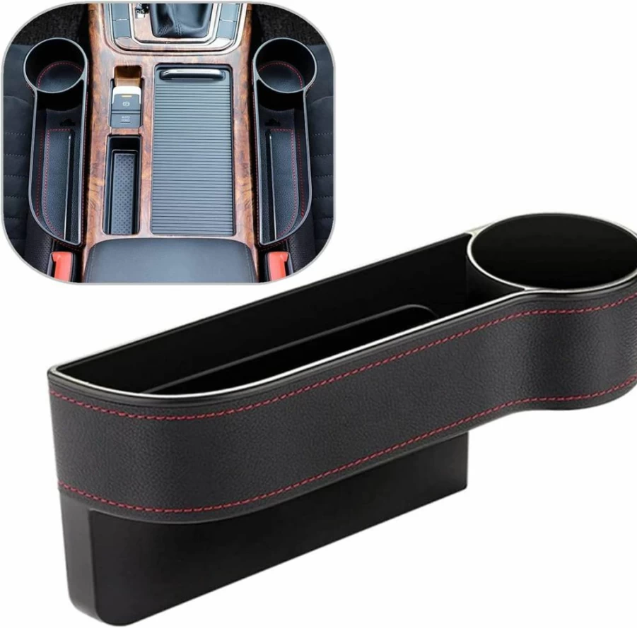Coforder Premium PU Leather Car Seat Gap Filler Organizer with Cup Holders - Passenger Side Storage Box for Phones, Keys & Essentials