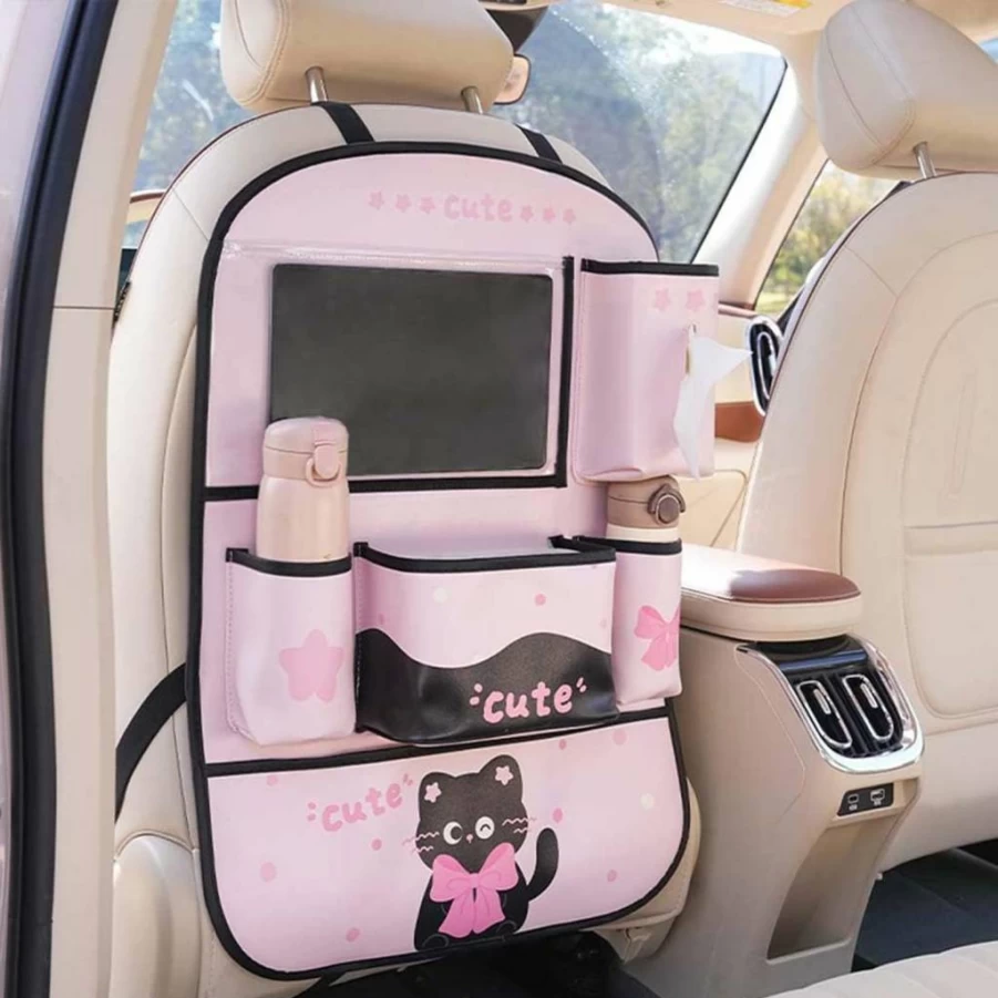YUNZLAN Leather Back Seat Organizer with Tablet Holder - Pink & Black Car Kick Mat Protector for Kids Travel Accessories