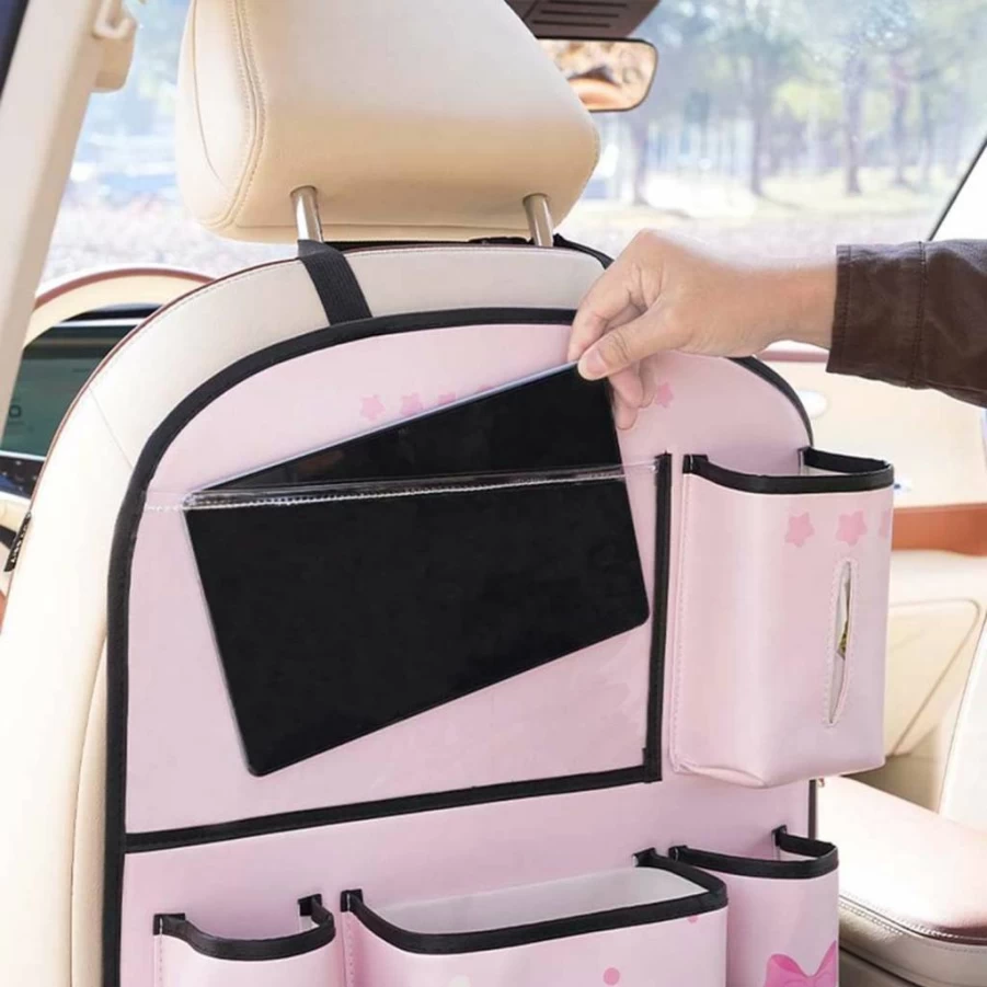 YUNZLAN Leather Back Seat Organizer with Tablet Holder - Pink & Black Car Kick Mat Protector for Kids Travel Accessories