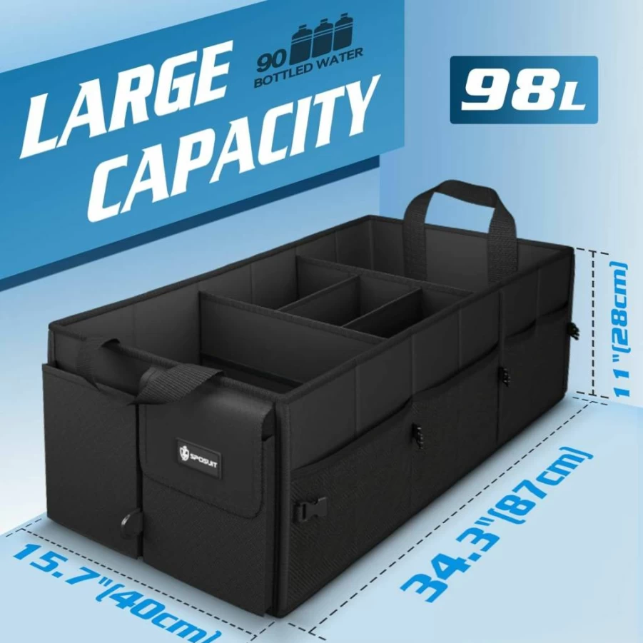 Sposuit 70L Collapsible Car Trunk Organizer with 11 Pockets, Heavy-Duty SUV Storage for Grocery & Cargo, Black Car Organizer with Reinforced Handles