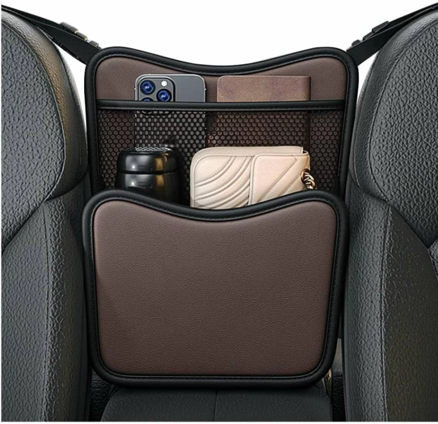 DXNQ Black Leather Car Seat Organizer – Large Capacity Hanging Storage Bag for Phone, Snacks, Documents & Auto Accessories