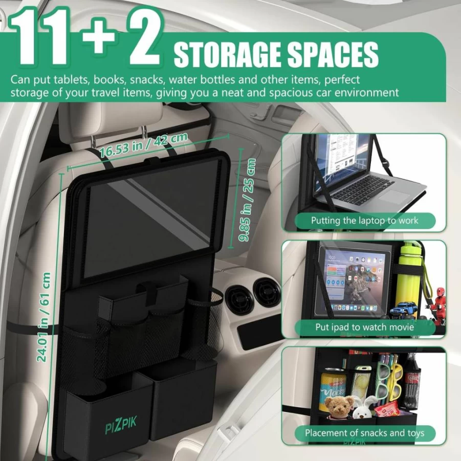 Plzpik Car Backseat Organizer with Tablet Holder & Foldable Tray - 11-Pocket Storage for Kids, Kick Mats Protector, Travel Accessories (Gray, 1 Pack)
