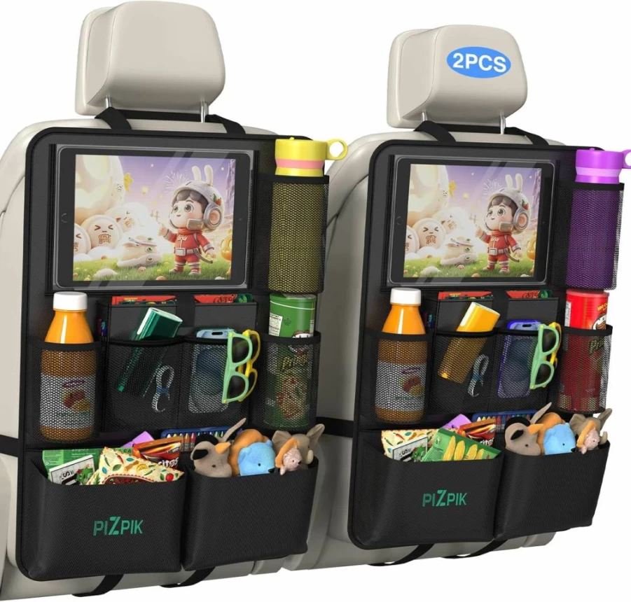 Plzpik 2 Pack Back Seat Car Organizer with 12 Storage Pockets, Kick Mats Protector & 11" Tablet Holder, Kids Travel Accessories for Vehicle Storage