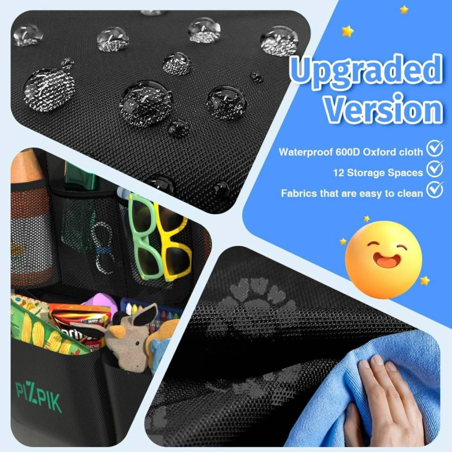 Plzpik 2 Pack Back Seat Car Organizer with 12 Storage Pockets, Kick Mats Protector & 11" Tablet Holder, Kids Travel Accessories for Vehicle Storage