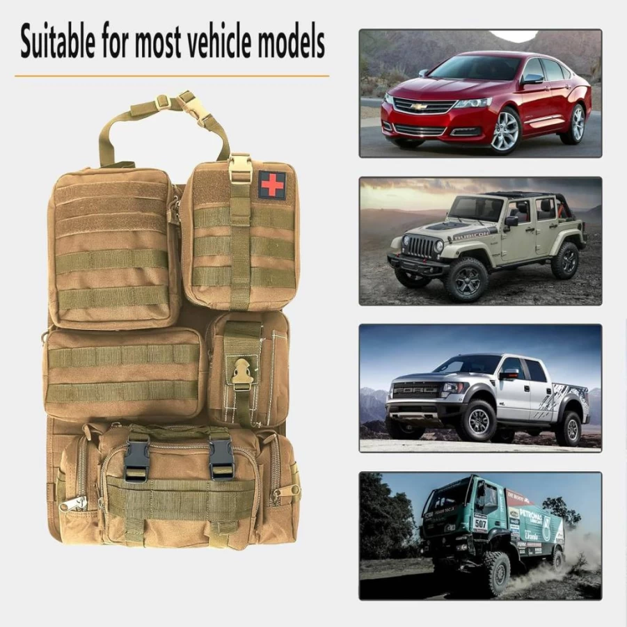 Wohegyy Tactical Car Seat Organizer with MOLLE Panel & 5 Pouches - Universal Fit for Jeep, SUV, Pickup (Black)