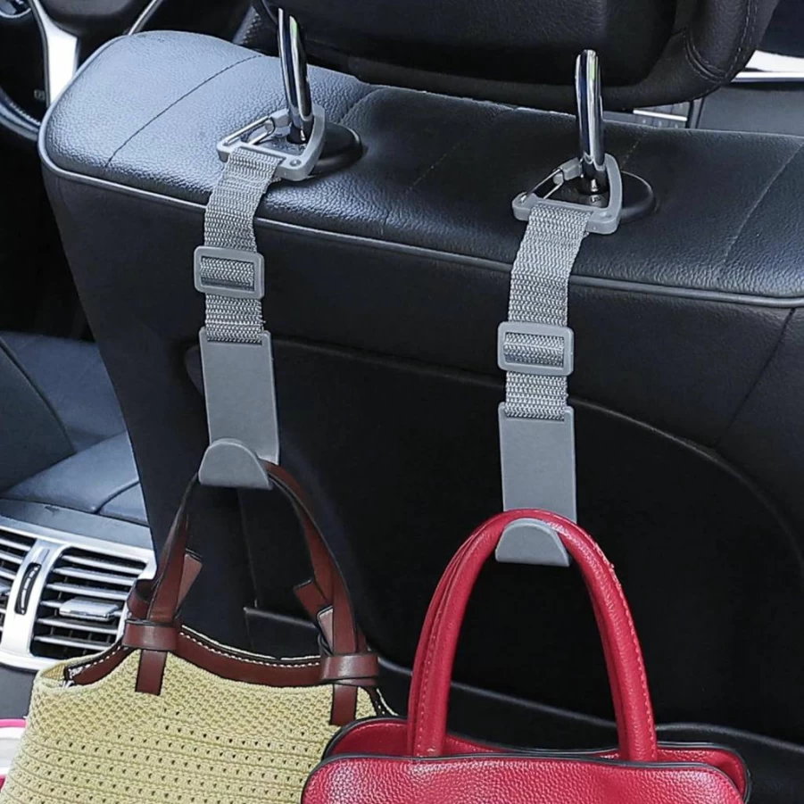 Amooca 4 Pack Adjustable Car Headrest Hooks - Universal Seat Back Organizer for Purse, Bags & Accessories - Durable Gray Storage Hangers with Secure Clip
