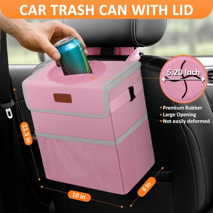Vankor Car Trash Can with Lid - Leakproof Hanging Automotive Garbage Bin for SUV, Truck, Back Seat - Black Vehicle Accessories for Men & Women
