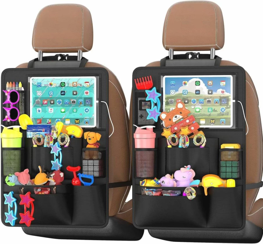 Oneyus 2-Pack Backseat Car Organizer with Table Tray, 9 Storage Pockets & Tablet Holder - Kickproof Seat Cover for Kids, Family Road Trip Essentials & Travel Accessories
