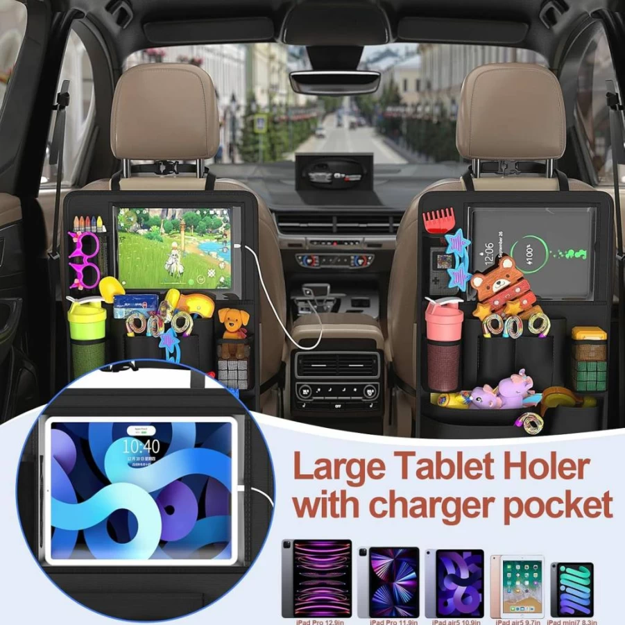 Oneyus 2-Pack Backseat Car Organizer with Table Tray, 9 Storage Pockets & Tablet Holder - Kickproof Seat Cover for Kids, Family Road Trip Essentials & Travel Accessories