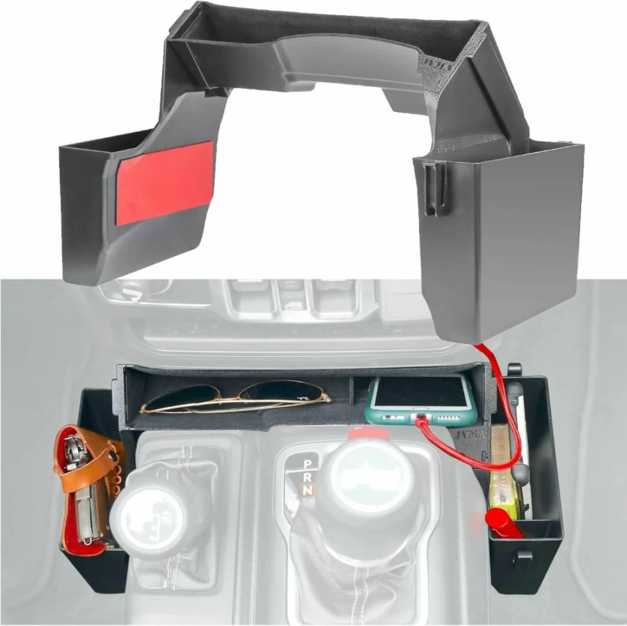JVMA Center Console Organizer Tray for Jeep Wrangler JL JLU & Gladiator (2018-2025) - Custom Fit Storage Box with Trash Bag Hook, US Patent Accessory