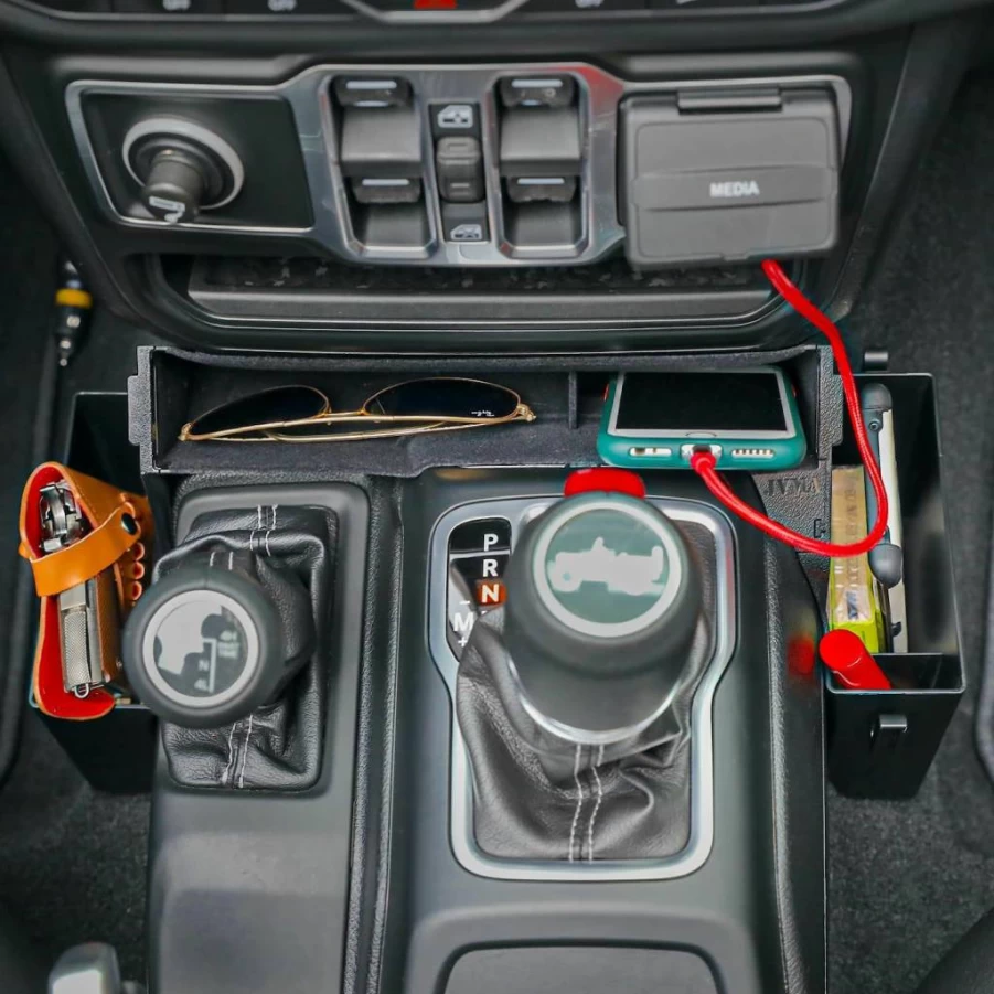JVMA Center Console Organizer Tray for Jeep Wrangler JL JLU & Gladiator (2018-2025) - Custom Fit Storage Box with Trash Bag Hook, US Patent Accessory