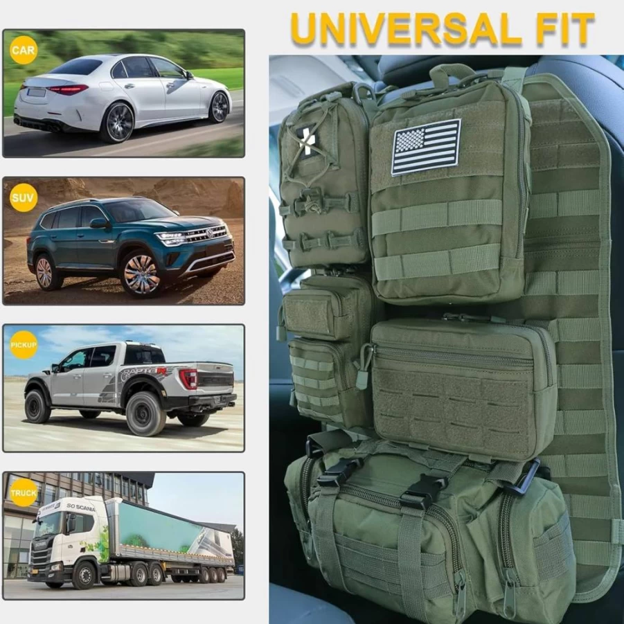 BXBXHD Tactical Car Seat Organizer with Molle Panel & 5 Detachable Pouches - Universal Fit for Truck, SUV, Jeep (Model A, Black)