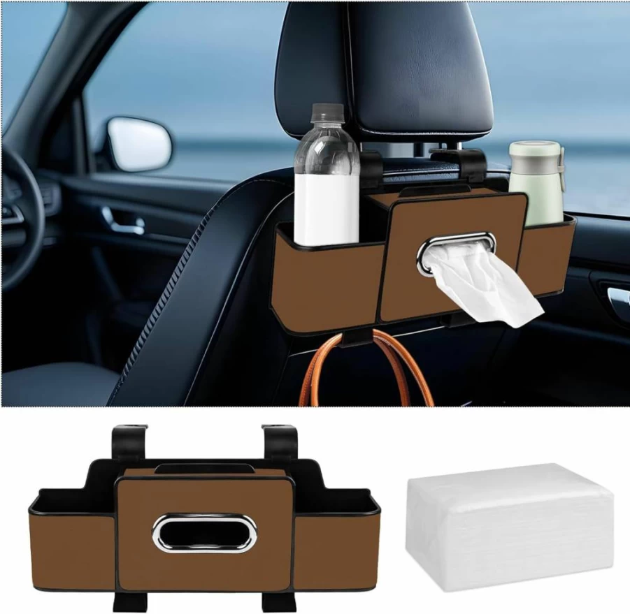 Toresper Multifunctional Car Back Seat Organizer with Tissue Box Holder, Storage Hooks for Phone, Drinks, Handbag - Universal Fit for Most Vehicles (Black)