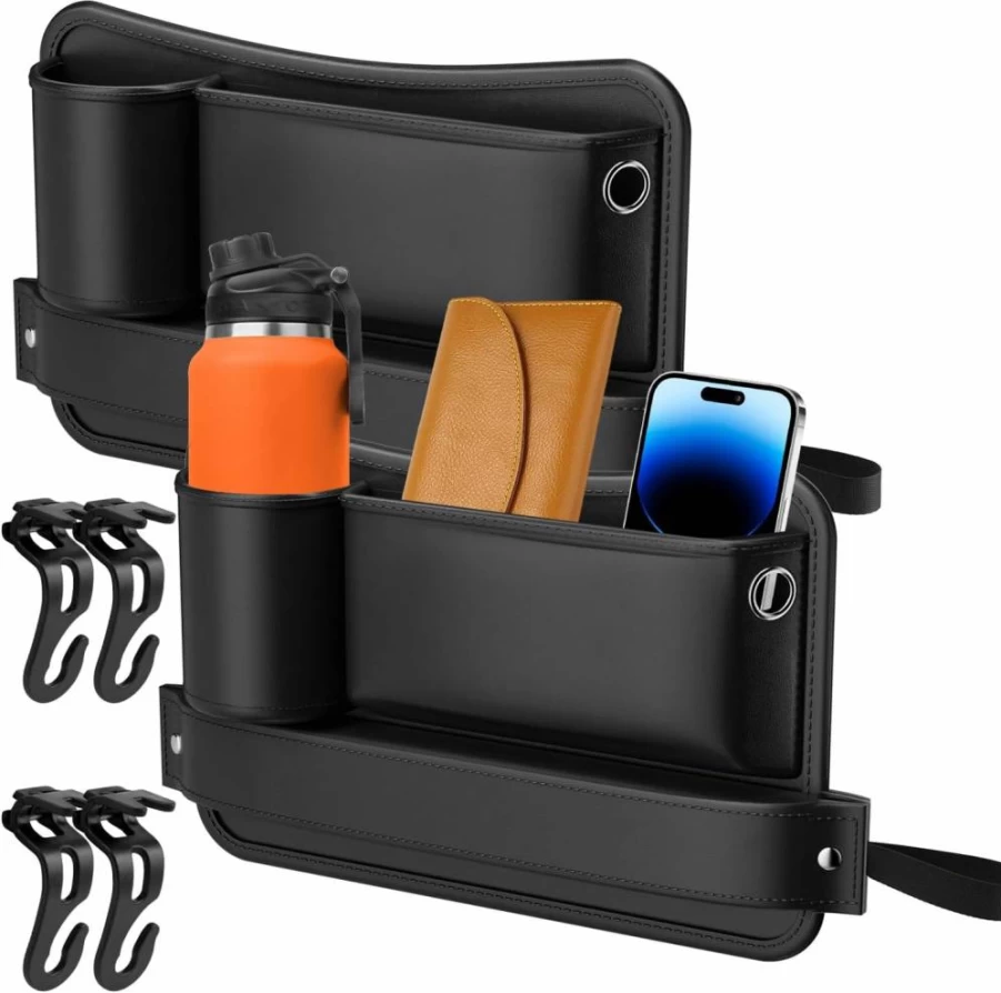 SZZJKJ 2-Pack Car Seat Gap Organizer with Cup Holder, 4 Multi-Functional Hooks, Leather Compartment for Phones, Cards & Drinks – Universal Car Storage Accessories