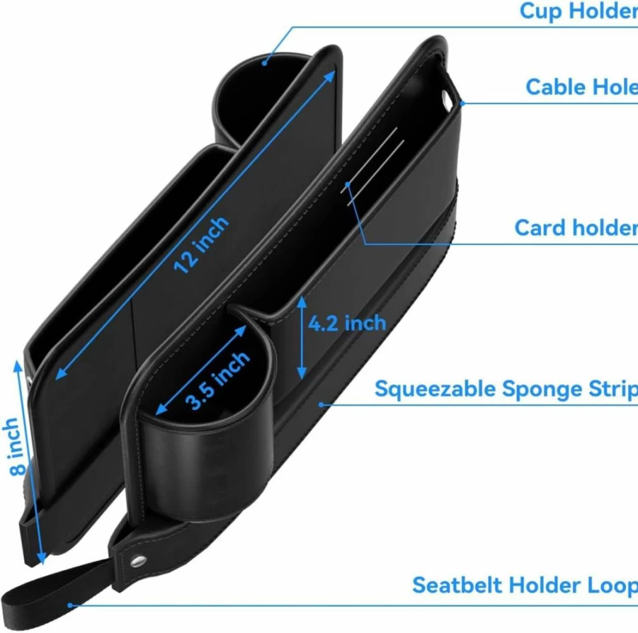 SZZJKJ 2-Pack Car Seat Gap Organizer with Cup Holder, 4 Multi-Functional Hooks, Leather Compartment for Phones, Cards & Drinks – Universal Car Storage Accessories