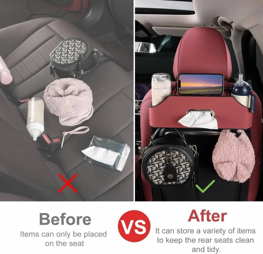 Sancaral Multifunctional Car Seat Back Organizer with Cup Holders, Tissue Storage & Hooks – Red