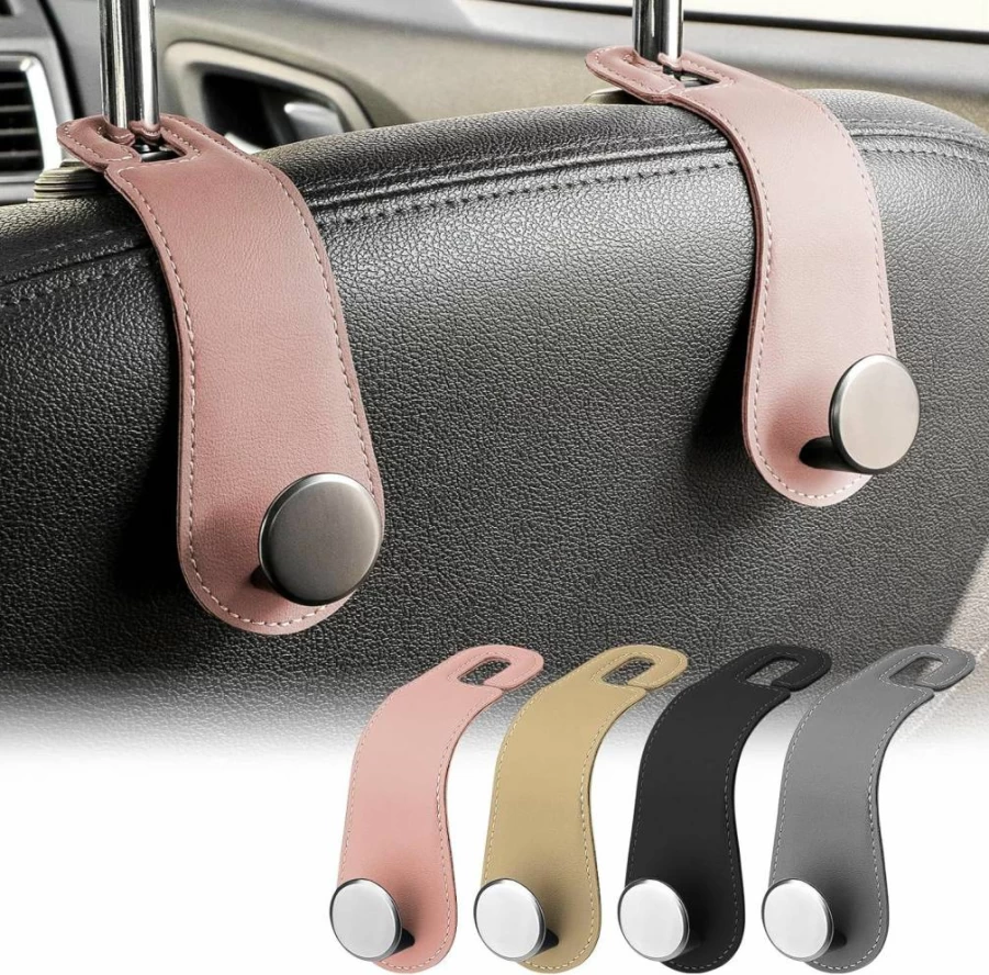 JESTOP 2 Pack Black Leather Car Seat Hanger Organizer - Hook for Purses, Bags, Coats, Umbrellas, Stylish Auto Accessory