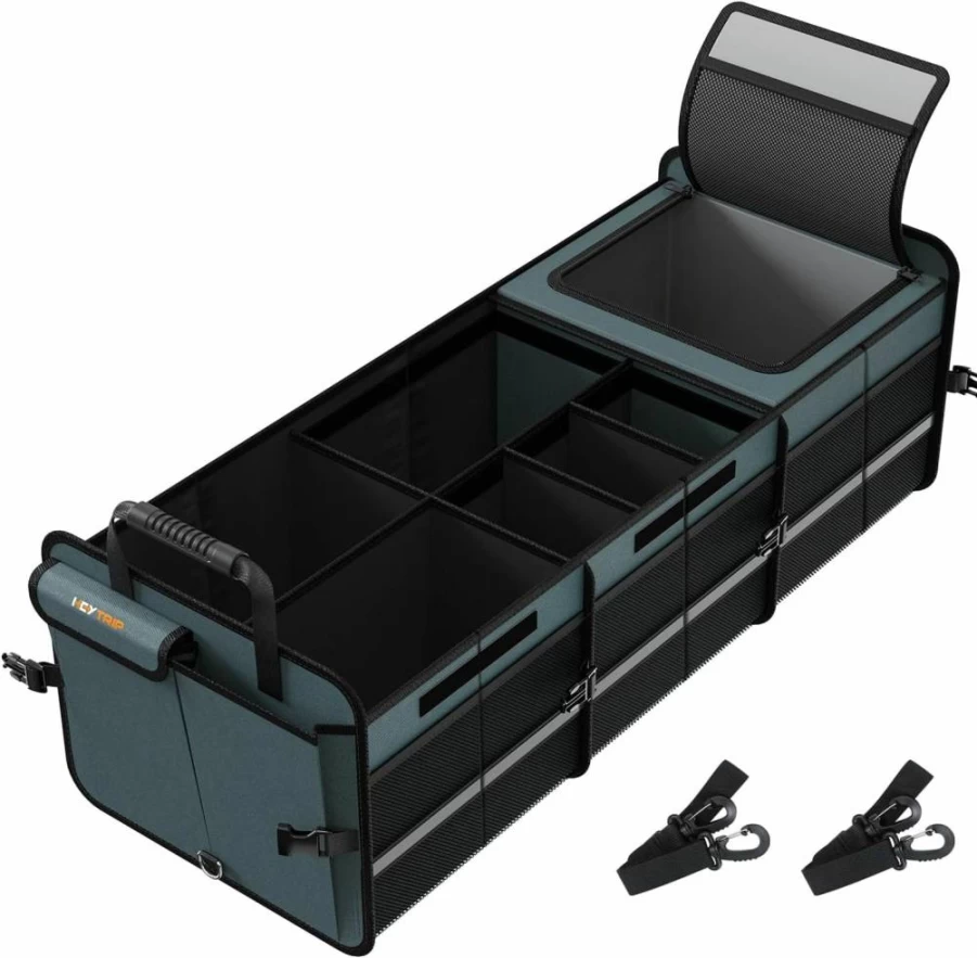 HEYTRIP Large Travel Trunk Organizer with Leakproof Cooler Compartment, Adjustable Straps, Removable Dividers, and Foldable Cover for Car Storage