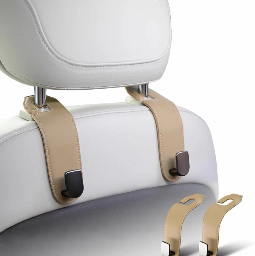 Ompellus 2-Pack Tan Leather Car Headrest Hooks for Purses, Bags, and Car Organization Accessories