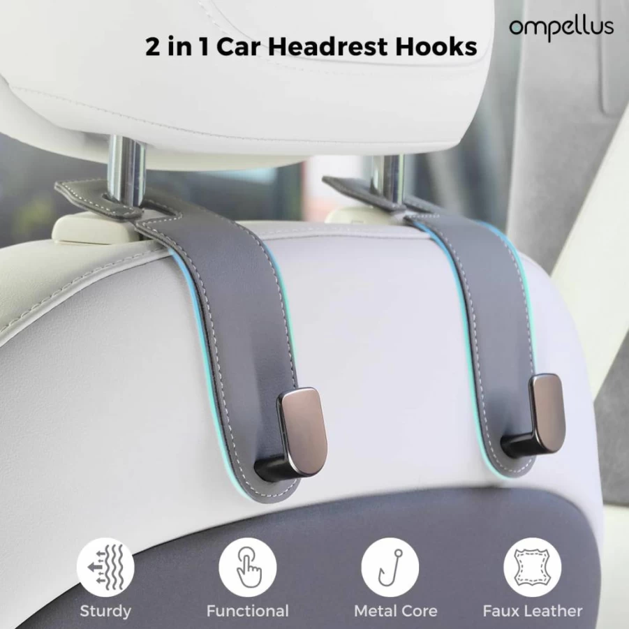 Ompellus 2-Pack Tan Leather Car Headrest Hooks for Purses, Bags, and Car Organization Accessories