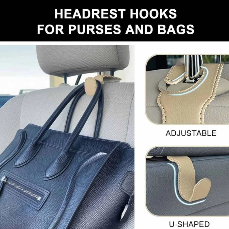 EldHus 2 Pack Leather Car Headrest Hooks for Purses, Bags, and Groceries - Durable Metal Purse Holder for Car Seat (Black)