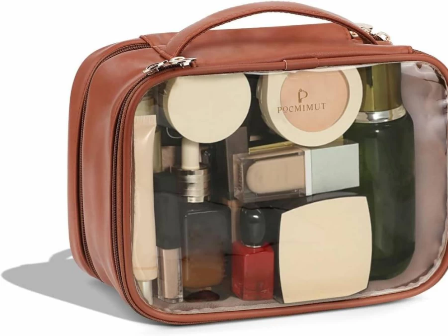 Pocmimut Clear Makeup Bag TSA Approved Travel Toiletry Organizer for Women, Small Cosmetic Pouch Storage Case, Beige Car Accessories