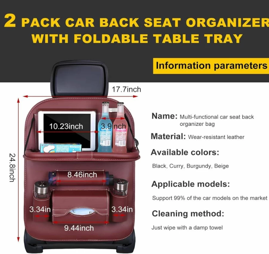 POVTII 2-Pack Waterproof Leather Car Seat Organizer with Tablet Holder, Universal Back Seat Storage Pocket for Phones & Accessories, Beige Auto Interior Organizer