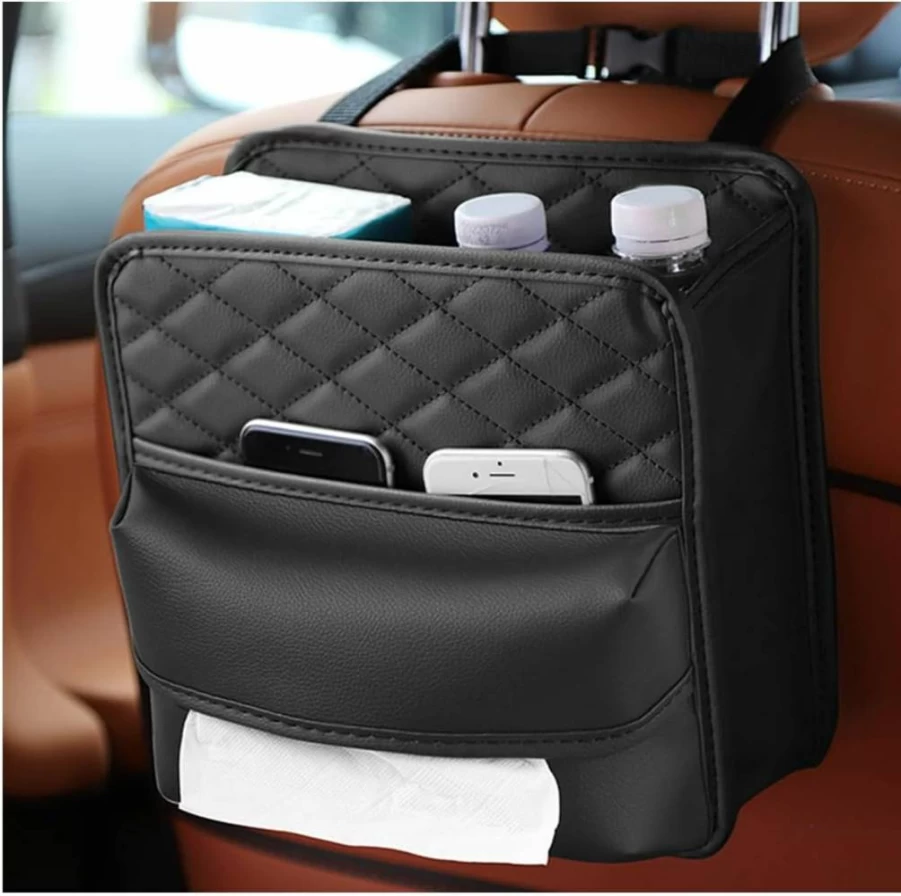 Sandfren Universal Car Seat Organizer - Leather Hanging Storage Bag with Multiple Pockets for SUV, Truck, RV, and Road Trips