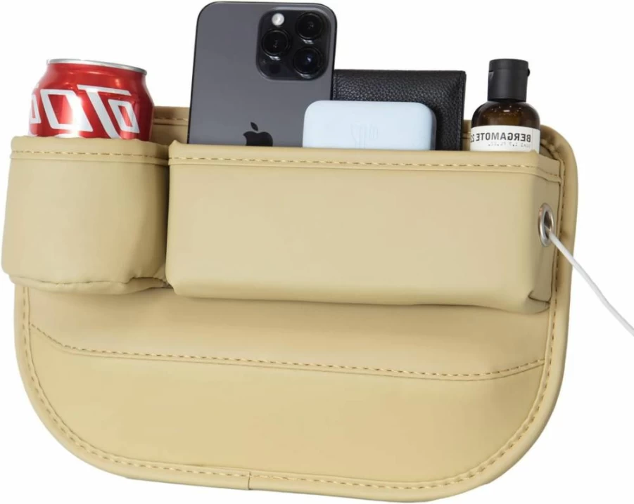 WOVAZUS 2-Pack Car Seat Gap Organizer with Cup Holders - Storage Box for Phone, Keys, Sunglasses (Left + Right Side) - Universal Fit for Most Cars
