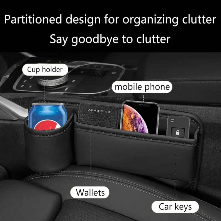 WOVAZUS 2-Pack Car Seat Gap Organizer with Cup Holders - Storage Box for Phone, Keys, Sunglasses (Left + Right Side) - Universal Fit for Most Cars