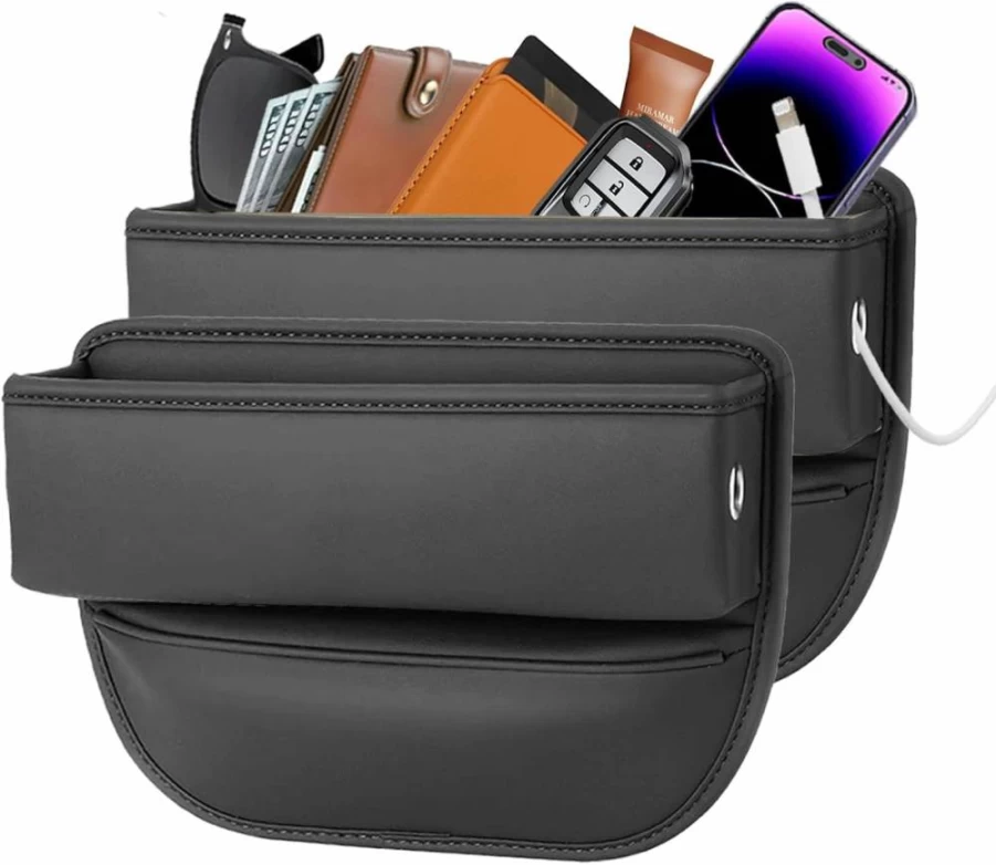 LEQBO 2-Pack Car Seat Gap Organizer with Cup Holders - Black Storage Box for Phone, Keys, Sunglasses - Front Seat Leather Gap Filler for Cars