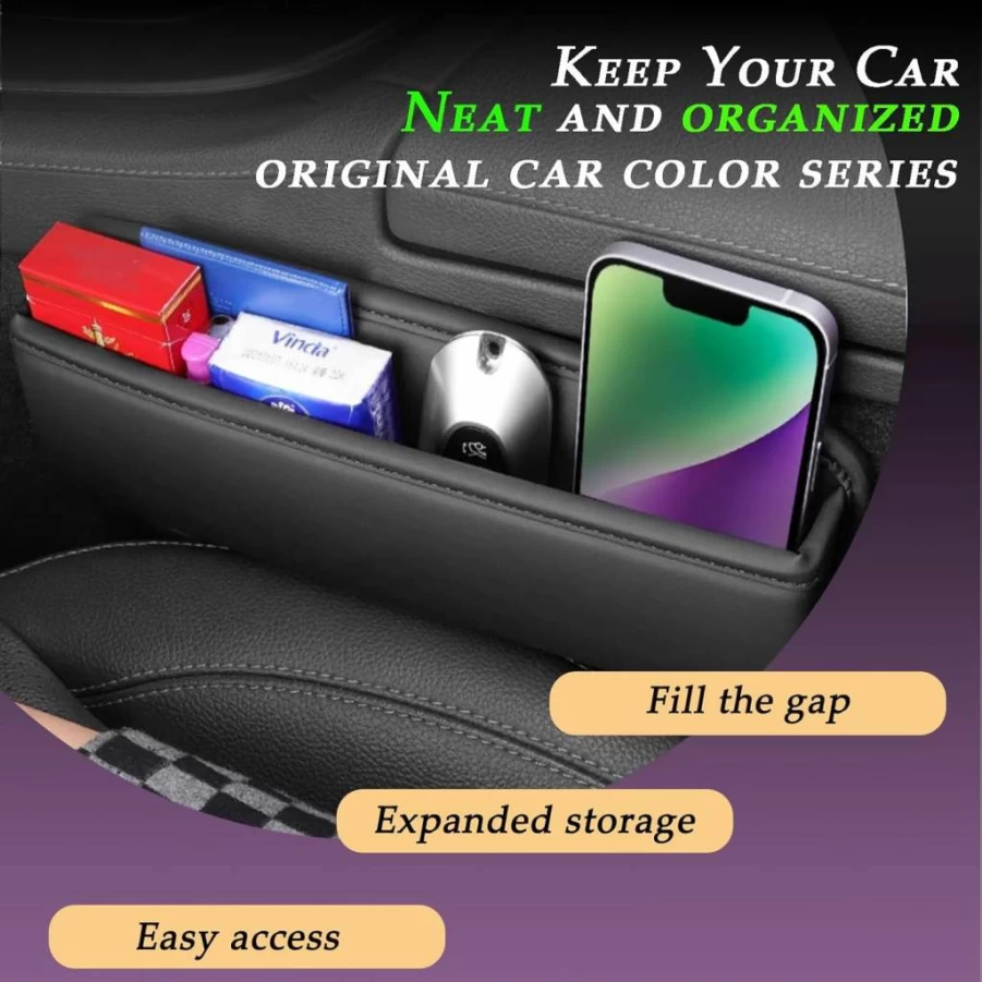 LEQBO 2-Pack Car Seat Gap Organizer with Cup Holders - Black Storage Box for Phone, Keys, Sunglasses - Front Seat Leather Gap Filler for Cars