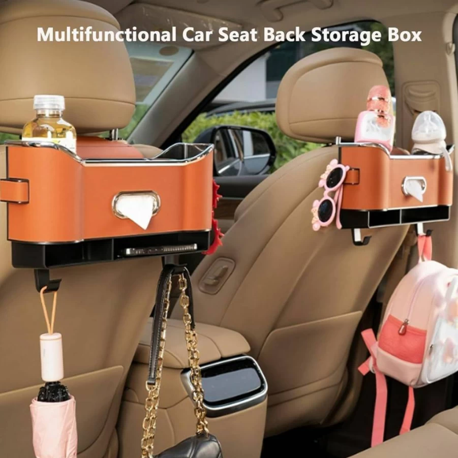 Universal Car Seat Back Organizer – Multifunctional Storage Box with 2 Cup Holders & Tissue Dispenser (White, Generic Brand)