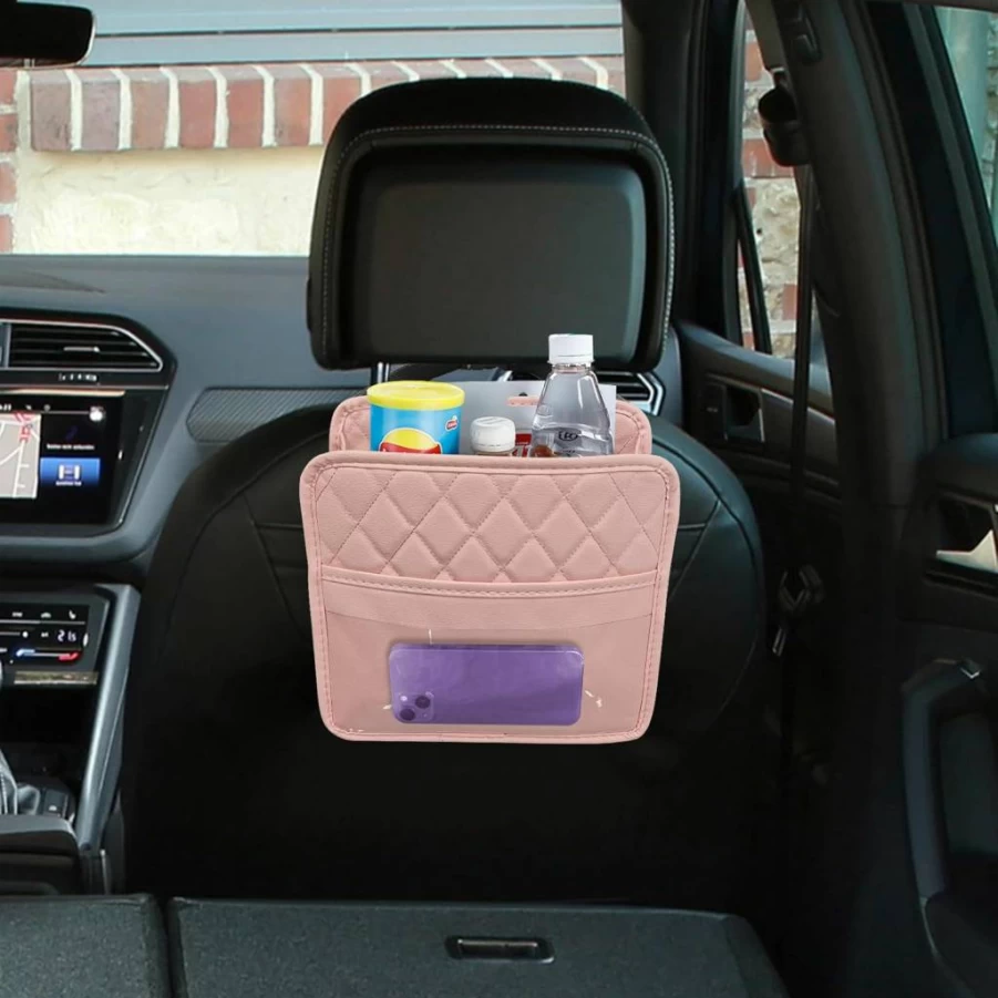 Lyxheth Pink PU Leather Car Seat Back Organizer - Universal Hanging Storage Pocket for Most Vehicles, Multi-Purpose Auto Accessory